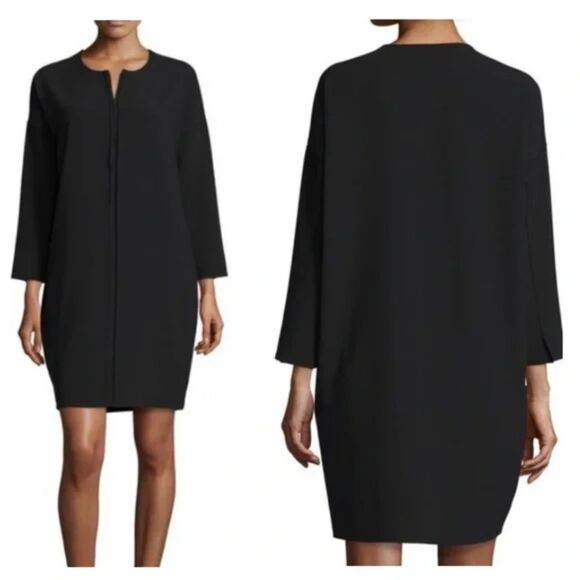 Vince Women Seamed Front-Zip Black Cocoon Crepe Tapered Shift Dress Size S - Picture 2 of 7